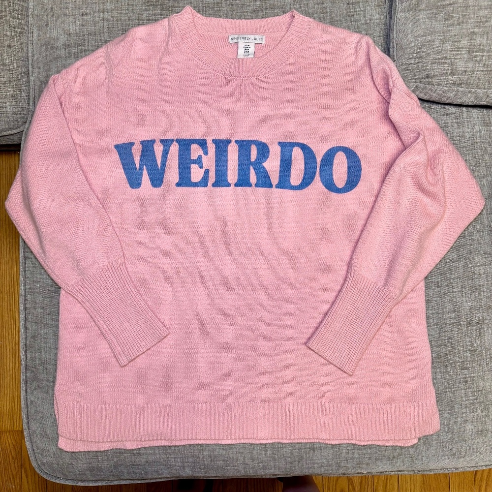 Sincerely Jules Pink 'WEIRDO' Sweater with Blue Lettering